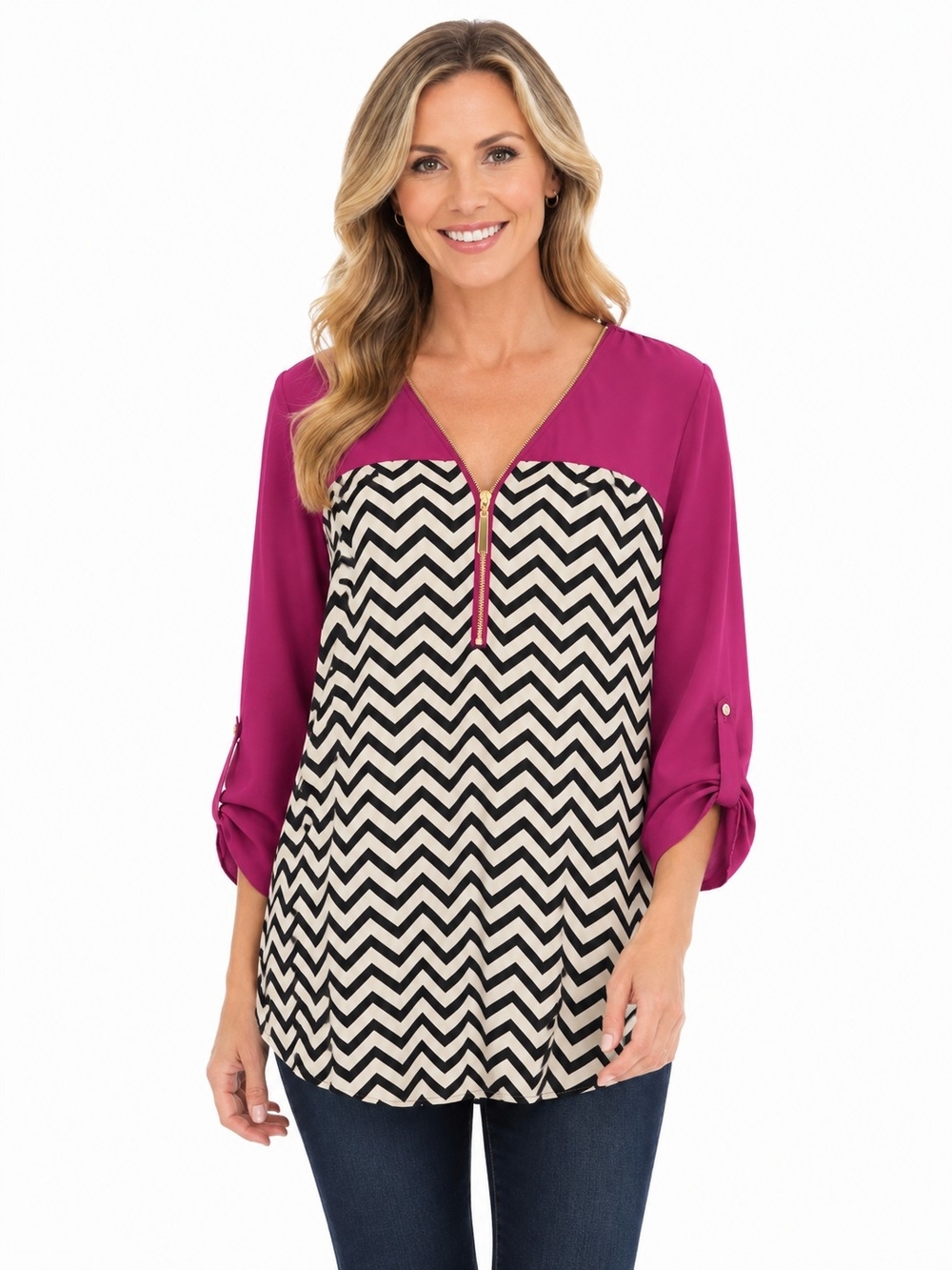 Chevron Colorblock V-Neck Blouse in Magenta